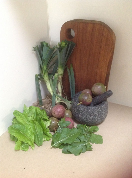 Leeks, lettuce, spinach and passionfruit from a warmer winter garden.